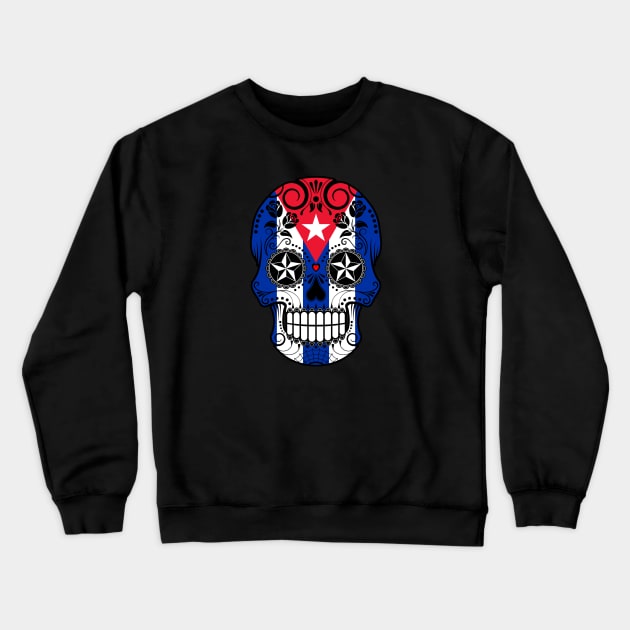 Cuban Flag Sugar Skull with Roses Crewneck Sweatshirt by jeffbartels